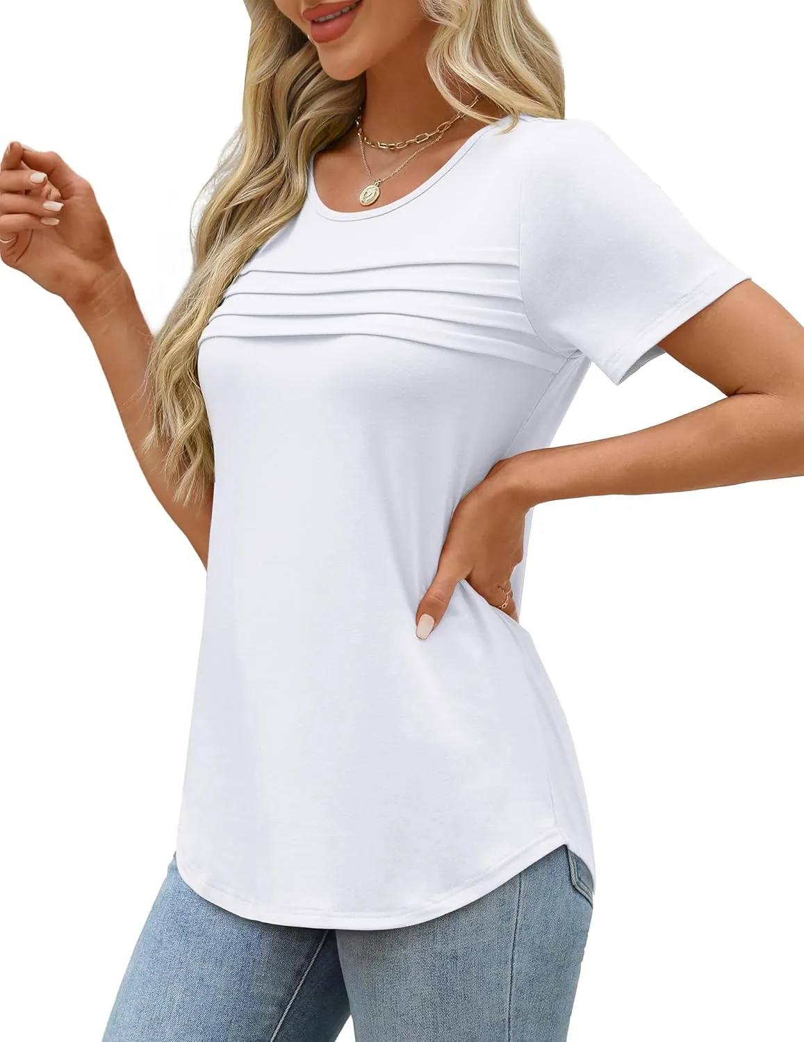 XIEERDUO Women's Pleated Tops Dressy Casual Short Sleeve T-Shirts Fashion Blouses Loose Curved Hem Long Tunic S-3XL