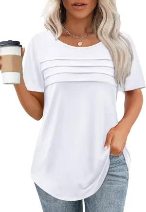XIEERDUO Women's Pleated Tops Dressy Casual Short Sleeve T-Shirts Fashion Blouses Loose Curved Hem Long Tunic S-3XL