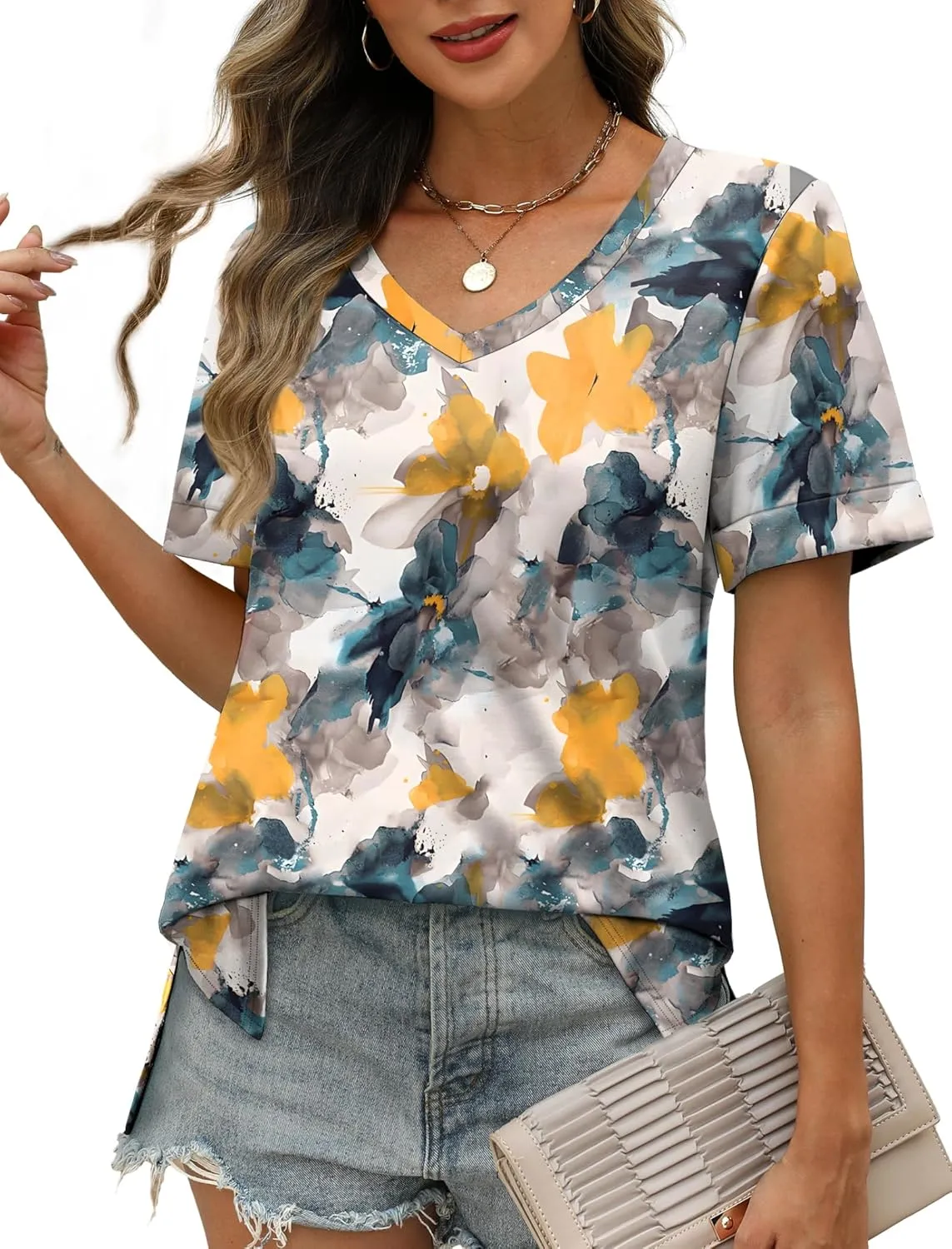 XIEERDUO Womens Summer Tops Short Sleeve Shirts Trendy V Neck T Shirts for Women Casual Tops