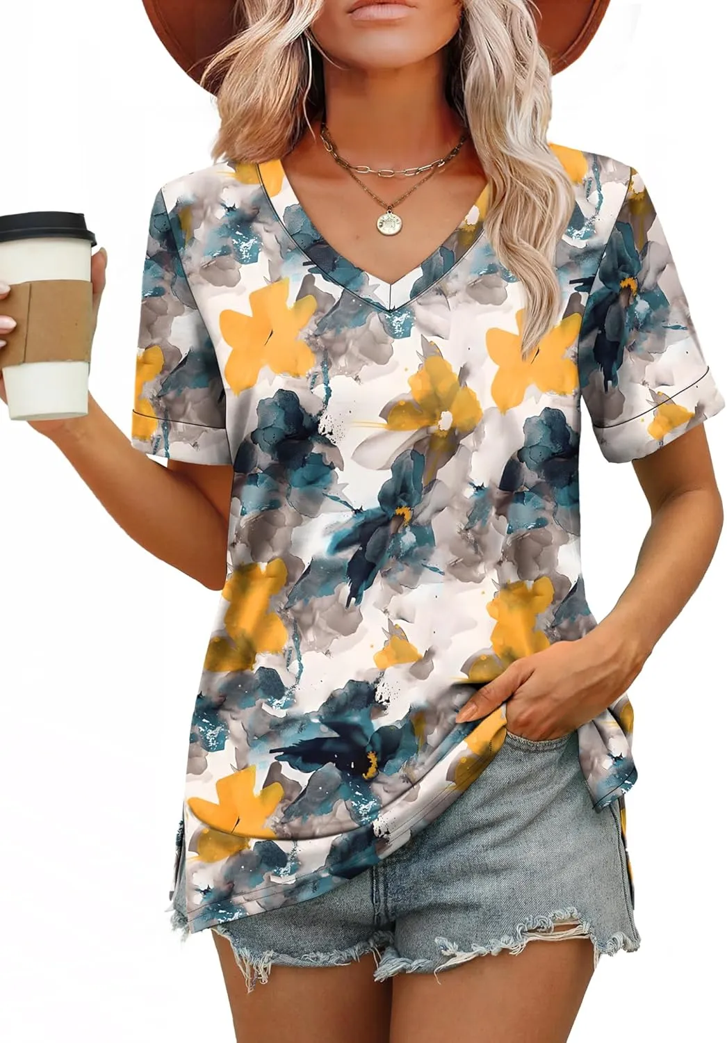 XIEERDUO Womens Summer Tops Short Sleeve Shirts Trendy V Neck T Shirts for Women Casual Tops