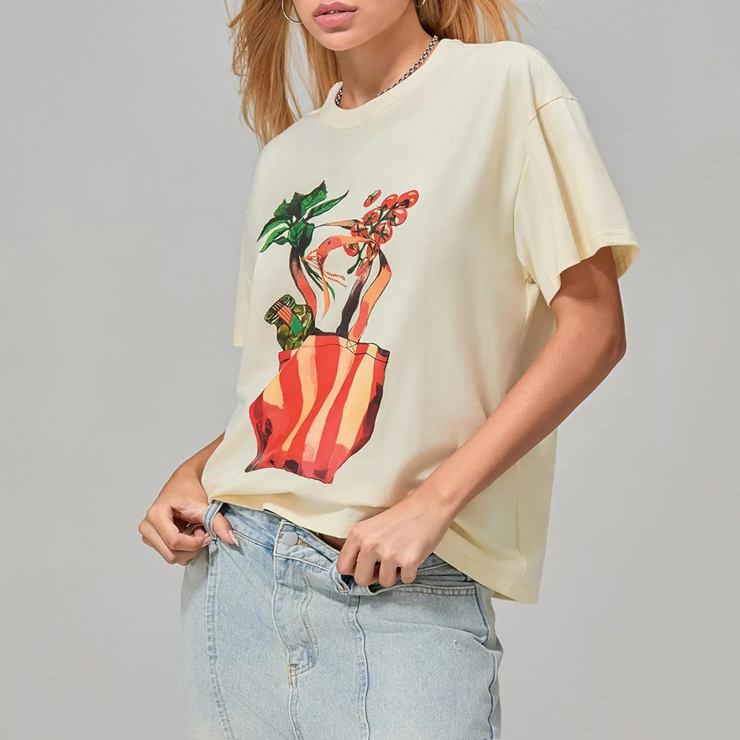Y2k Oversized Graphic Tshirt for Women Cute Fruit Print Crew Neck Loose Baby Tee Casual Baggy Aesthetic Streetwear