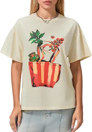 Y2k Oversized Graphic Tshirt for Women Cute Fruit Print Crew Neck Loose Baby Tee Casual Baggy Aesthetic Streetwear