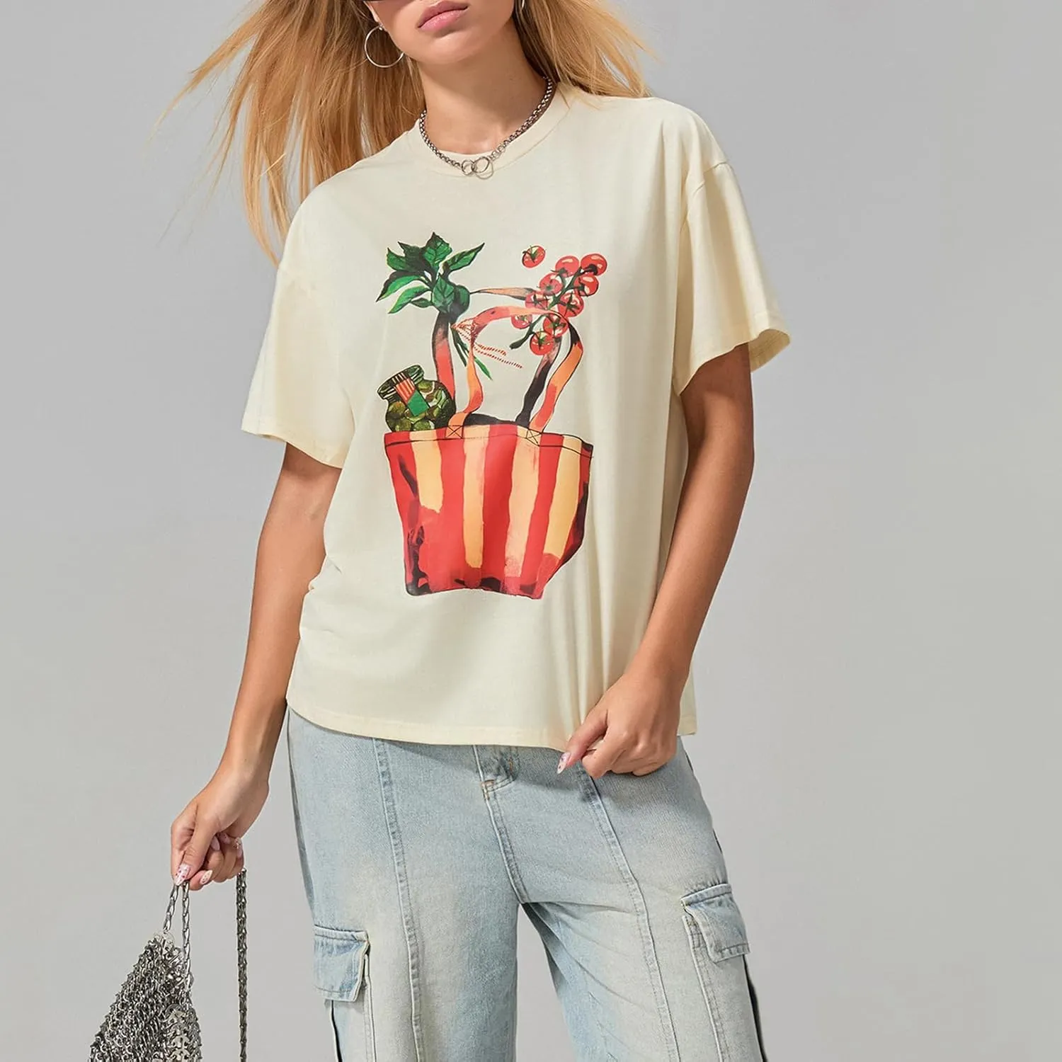 Y2k Oversized Graphic Tshirt for Women Cute Fruit Print Crew Neck Loose Baby Tee Casual Baggy Aesthetic Streetwear