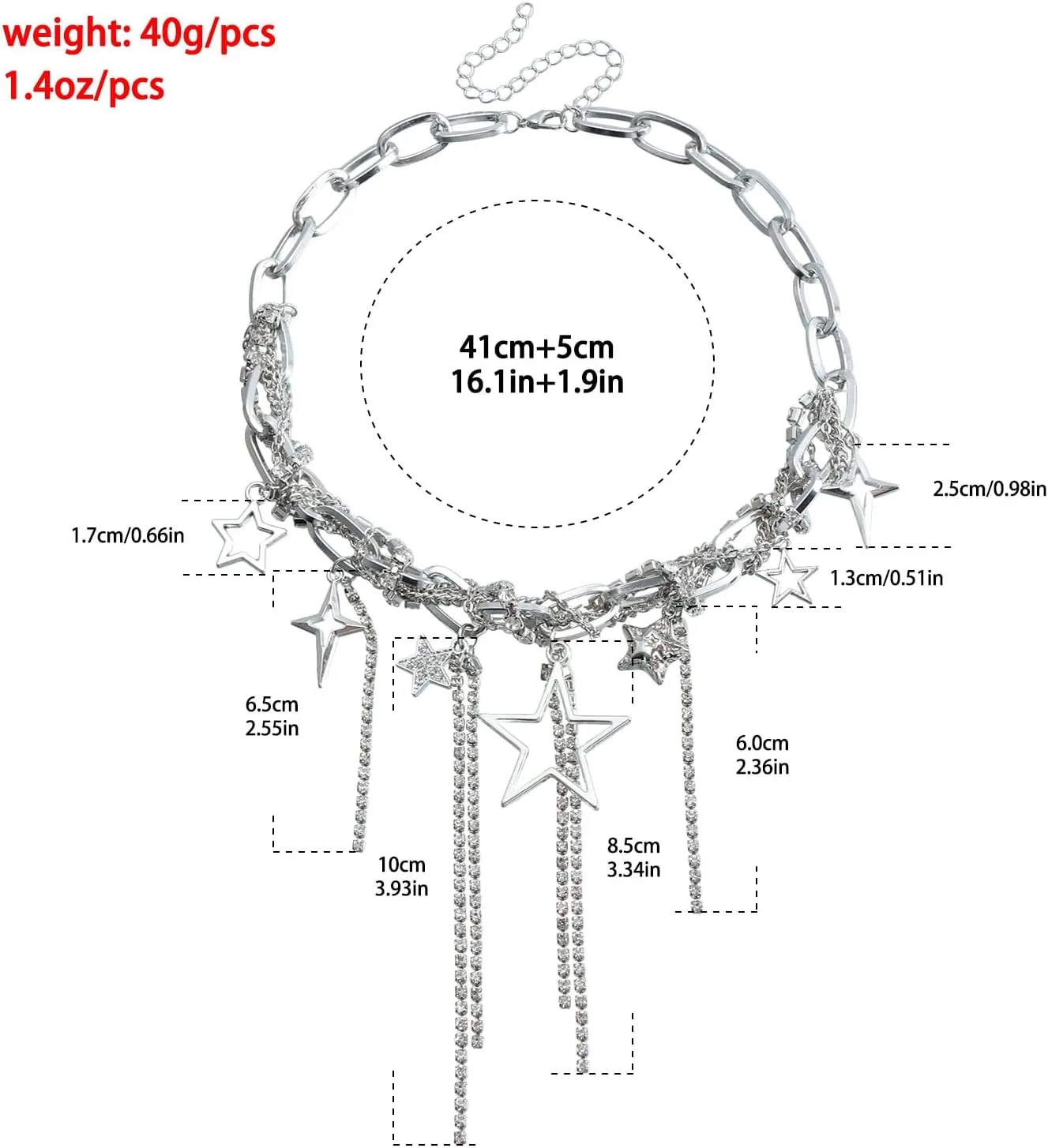 Y2k Star Choker Necklace for Women,Chunky Silver Star Layered Choker Long Chain Heart Pear Tassel Necklace Trendy Statement Necklace Jewelry
