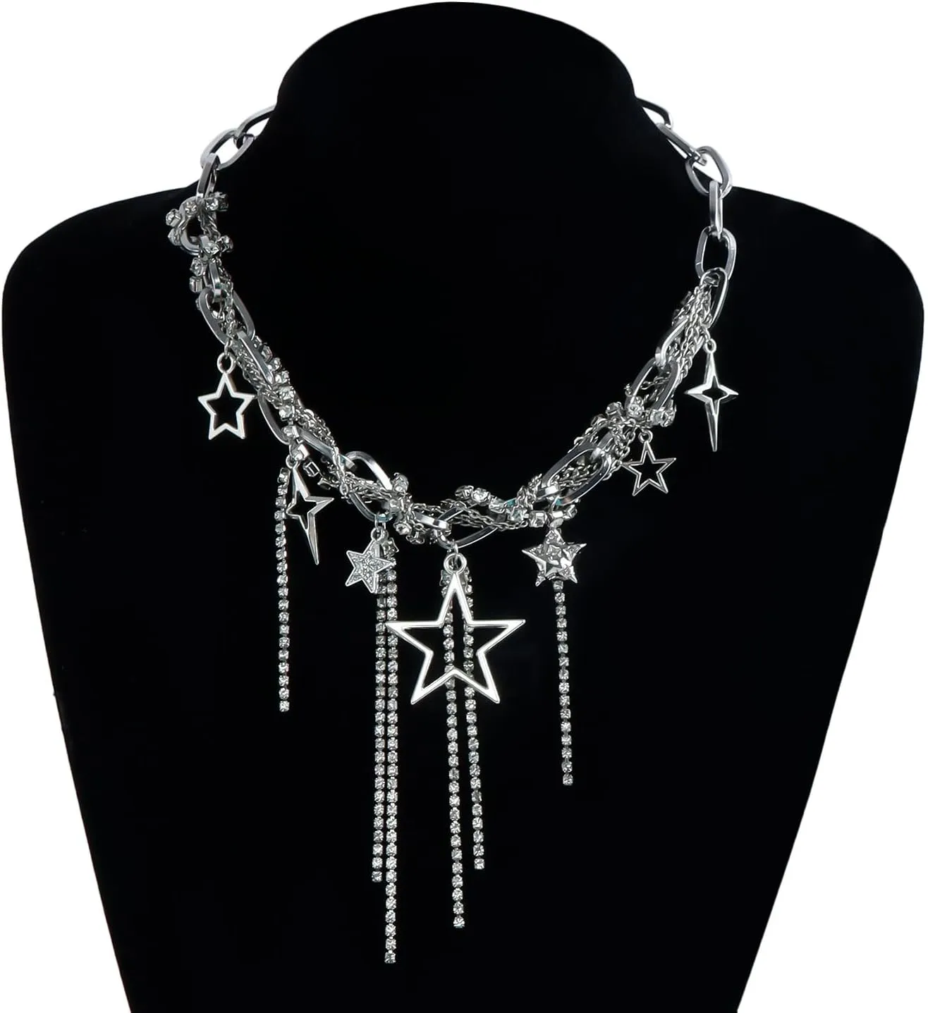 Y2k Star Choker Necklace for Women,Chunky Silver Star Layered Choker Long Chain Heart Pear Tassel Necklace Trendy Statement Necklace Jewelry