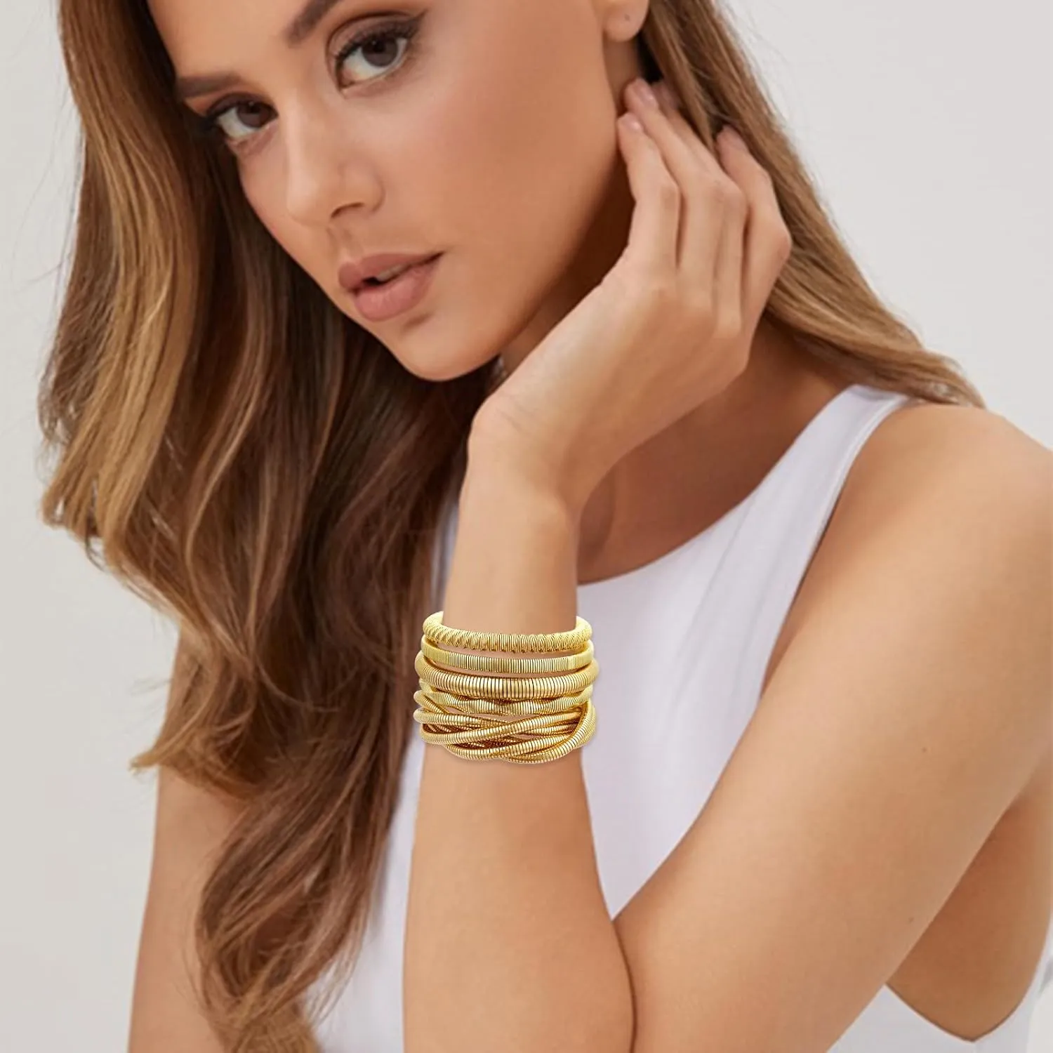 YBMYCM 5PCS Gold Bangles Bracelets for Women Chunky Stretch Bracelet Set Stainless Steel Chain Flexible Wide Wristband Bangle Stackable Layered Bracelets Gift Jewelry