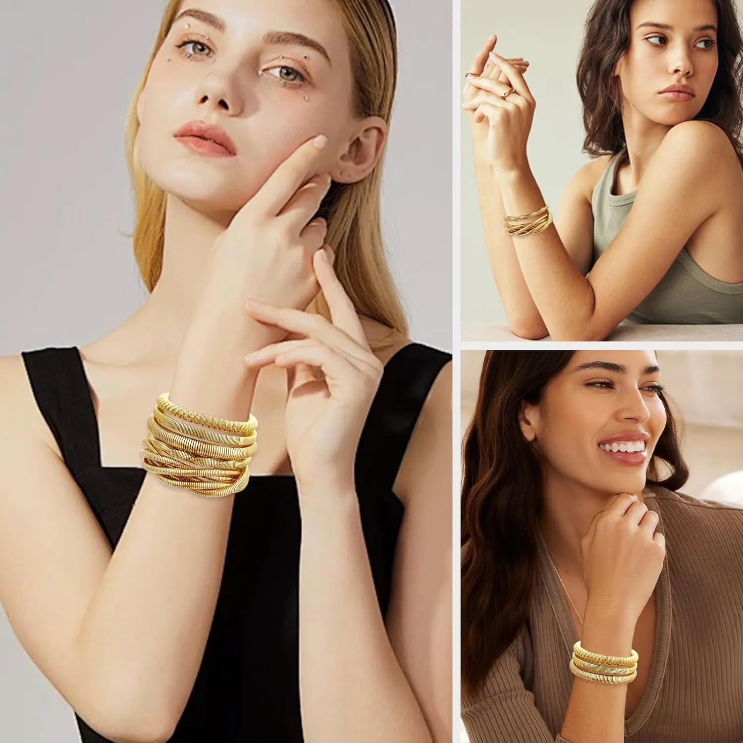 YBMYCM 5PCS Gold Bangles Bracelets for Women Chunky Stretch Bracelet Set Stainless Steel Chain Flexible Wide Wristband Bangle Stackable Layered Bracelets Gift Jewelry