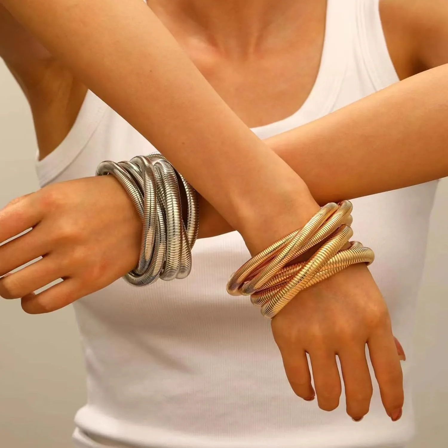 YBMYCM 5PCS Gold Bangles Bracelets for Women Chunky Stretch Bracelet Set Stainless Steel Chain Flexible Wide Wristband Bangle Stackable Layered Bracelets Gift Jewelry