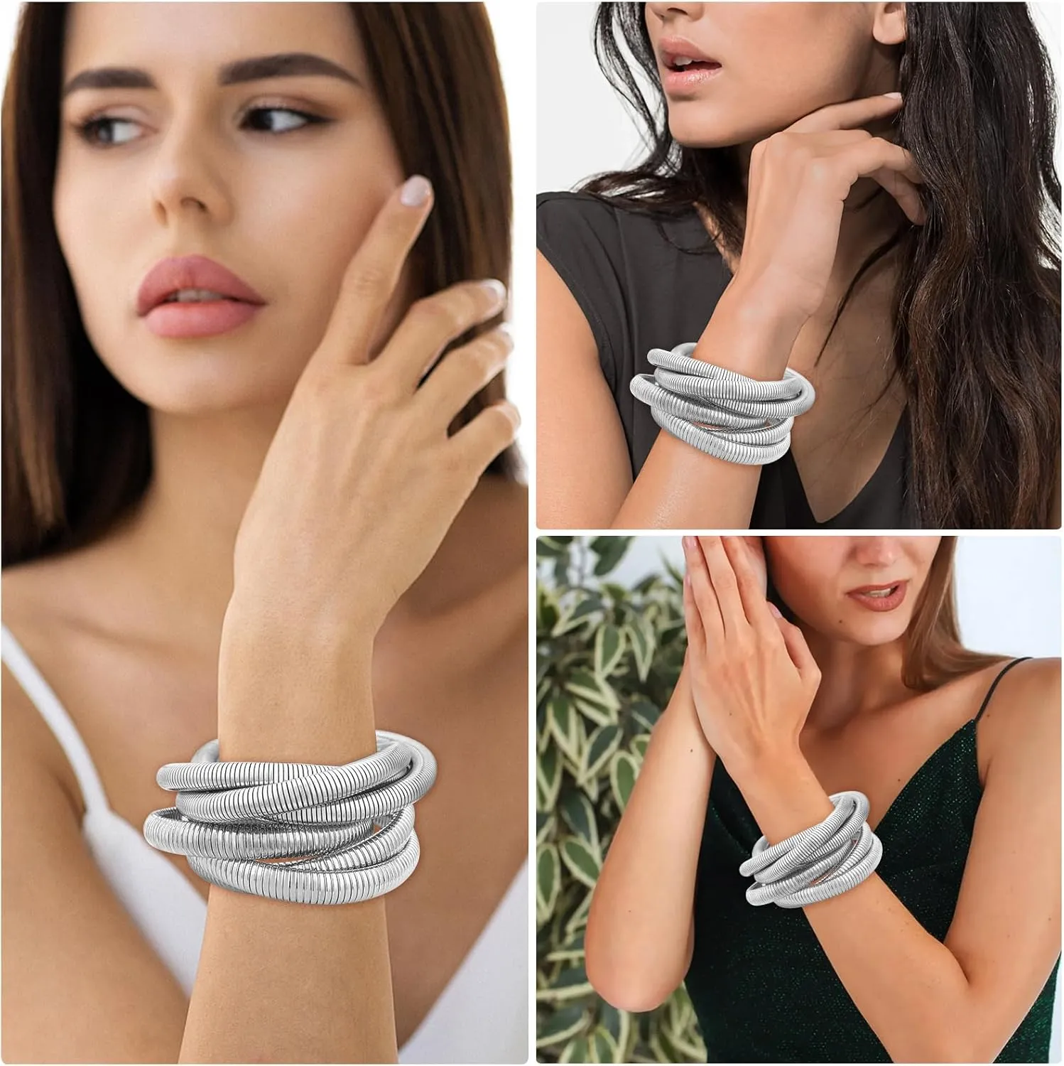 YBMYCM 5PCS Gold Bangles Bracelets for Women Chunky Stretch Bracelet Set Stainless Steel Chain Flexible Wide Wristband Bangle Stackable Layered Bracelets Gift Jewelry
