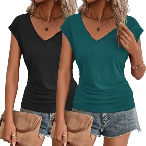 Zeagoo Womens Summer Tops Cute V Neck Cap Sleeve Tshirts Loose Fit Dressy Casual Shirts Ruched Top Tees