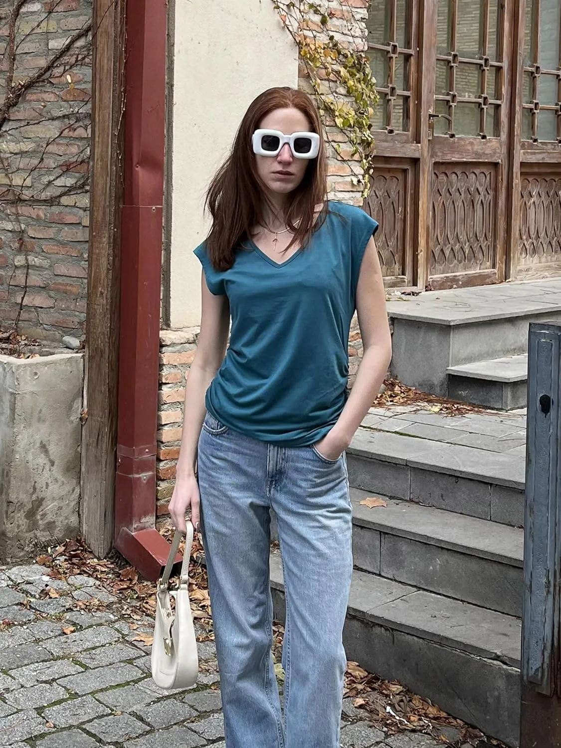 Zeagoo Womens Summer Tops Cute V Neck Cap Sleeve Tshirts Loose Fit Dressy Casual Shirts Ruched Top Tees