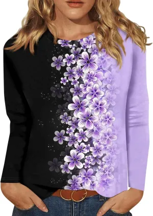 ZEFOTIM Women Long Sleeve Tops 2024 Fall Fitted Flowy Floral/Geometric Crewneck Blouses Loose Fit Cute Tunic Tshirts