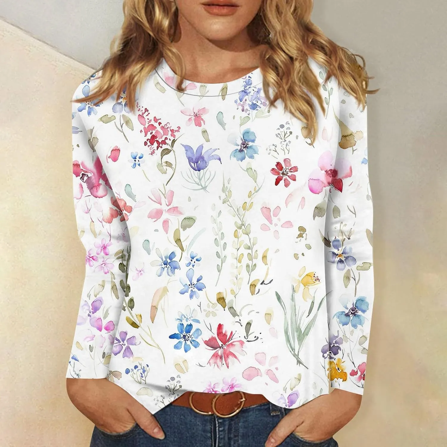 ZEFOTIM Women Long Sleeve Tops 2024 Fall Fitted Flowy Floral/Geometric Crewneck Blouses Loose Fit Cute Tunic Tshirts