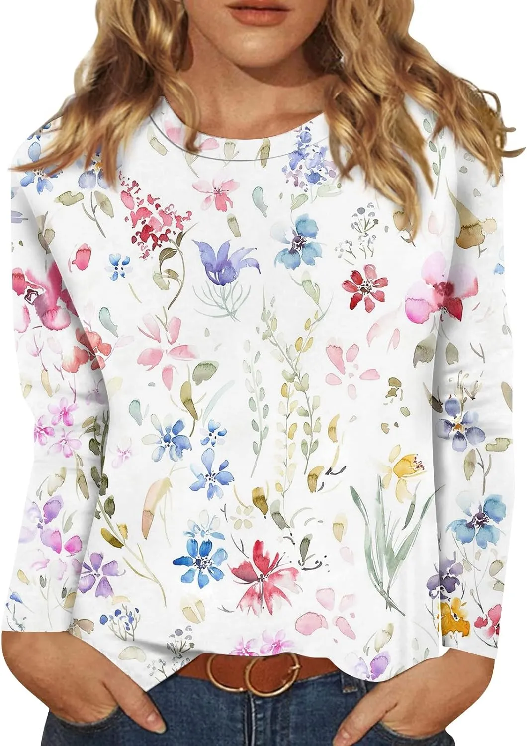 ZEFOTIM Women Long Sleeve Tops 2024 Fall Fitted Flowy Floral/Geometric Crewneck Blouses Loose Fit Cute Tunic Tshirts