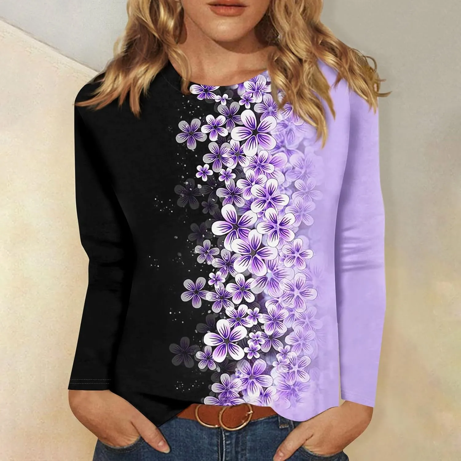 ZEFOTIM Women Long Sleeve Tops 2024 Fall Fitted Flowy Floral/Geometric Crewneck Blouses Loose Fit Cute Tunic Tshirts