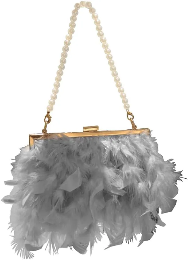 ZiMing Women Evening Handbags Natural Feather Clutch Purses Buckle Lock Wallet Formal Party Bags (Pearl Strap & Chain Strap)