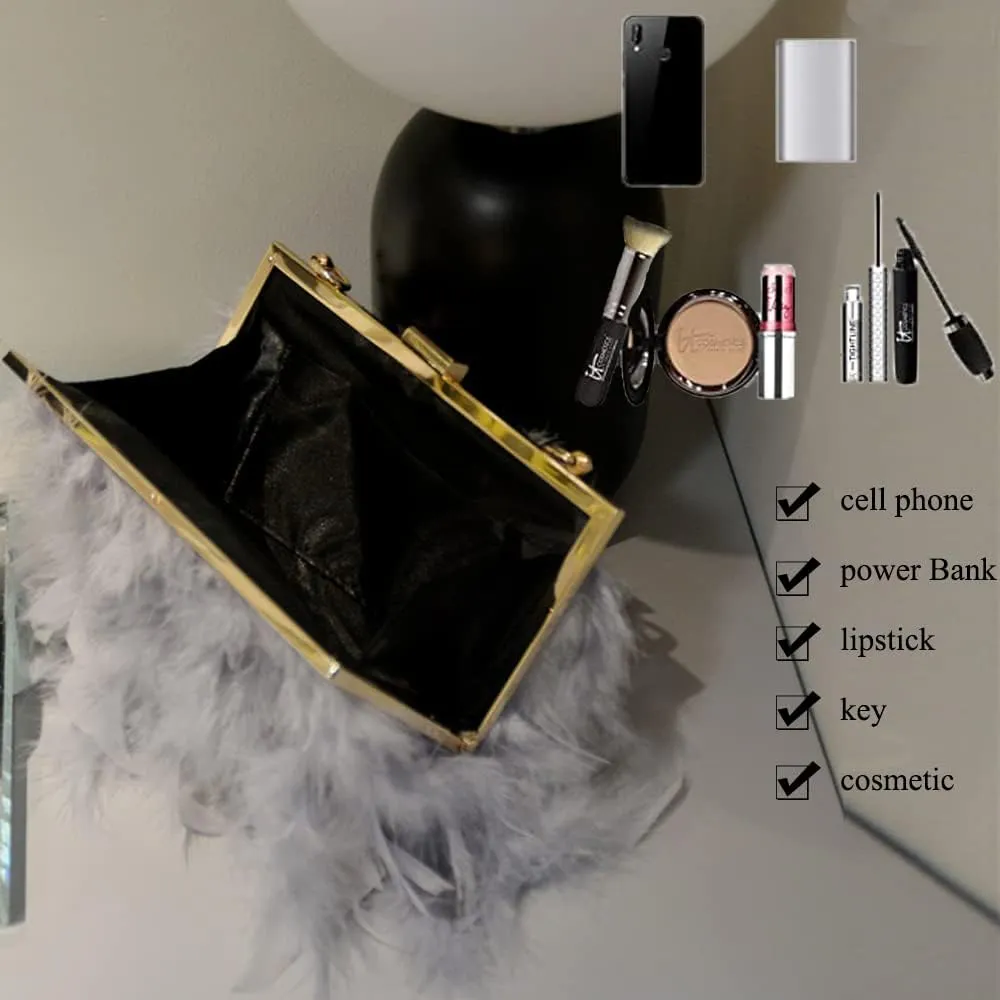 ZiMing Women Evening Handbags Natural Feather Clutch Purses Buckle Lock Wallet Formal Party Bags (Pearl Strap & Chain Strap)