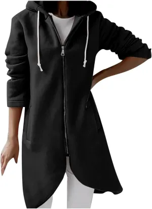 Zip Up Hoodie for Women Cute Trendy Drawstring Oversized Hooded Sweatshirts Long Sleeve Irregular Hem Jacket Coats