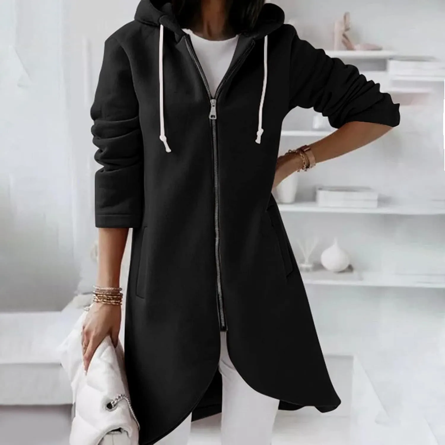 Zip Up Hoodie for Women Cute Trendy Drawstring Oversized Hooded Sweatshirts Long Sleeve Irregular Hem Jacket Coats