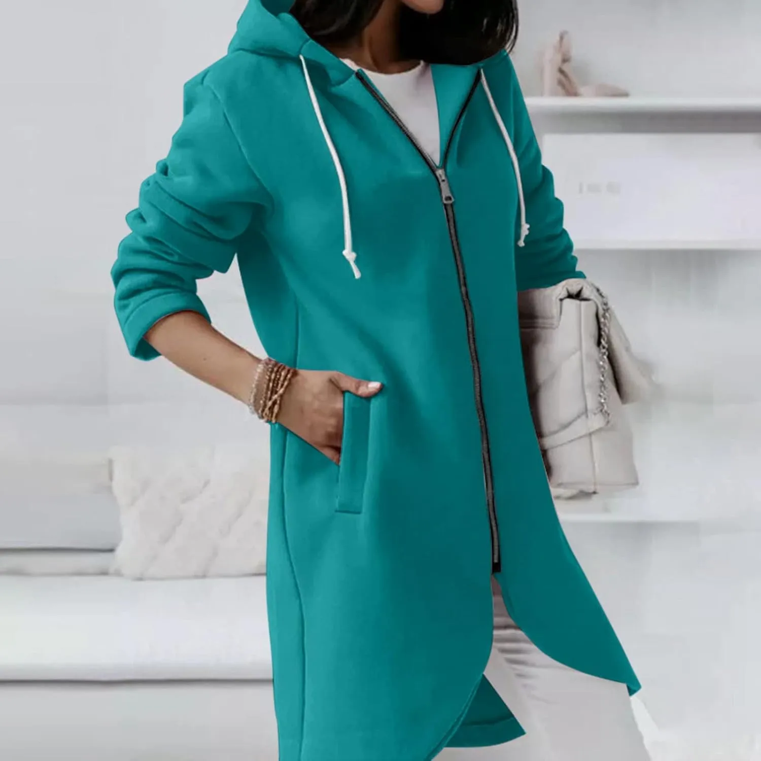 Zip Up Hoodie for Women Cute Trendy Drawstring Oversized Hooded Sweatshirts Long Sleeve Irregular Hem Jacket Coats