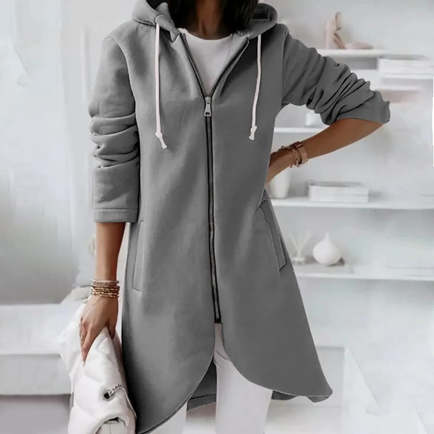Zip Up Hoodie for Women Cute Trendy Drawstring Oversized Hooded Sweatshirts Long Sleeve Irregular Hem Jacket Coats