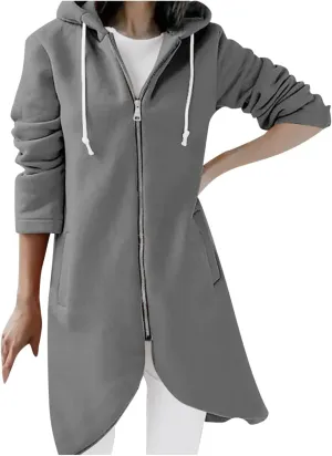 Zip Up Hoodie for Women Cute Trendy Drawstring Oversized Hooded Sweatshirts Long Sleeve Irregular Hem Jacket Coats