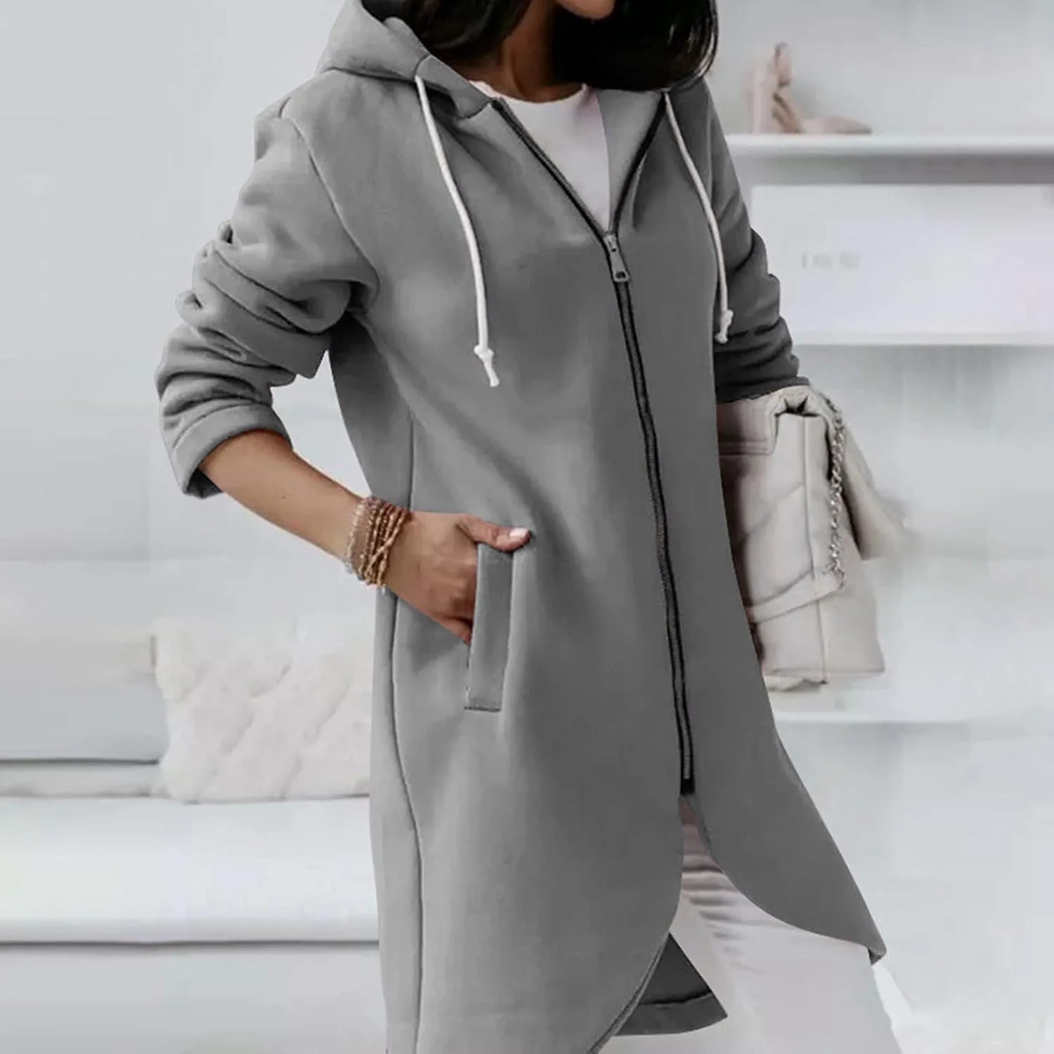 Zip Up Hoodie for Women Cute Trendy Drawstring Oversized Hooded Sweatshirts Long Sleeve Irregular Hem Jacket Coats