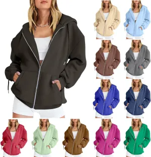 Zip Up Hoodie Women Oversized Long Sleeve Hooded Sweatshirt Jacket Casual Solid Color Hoodies 2024 Fall Outfits