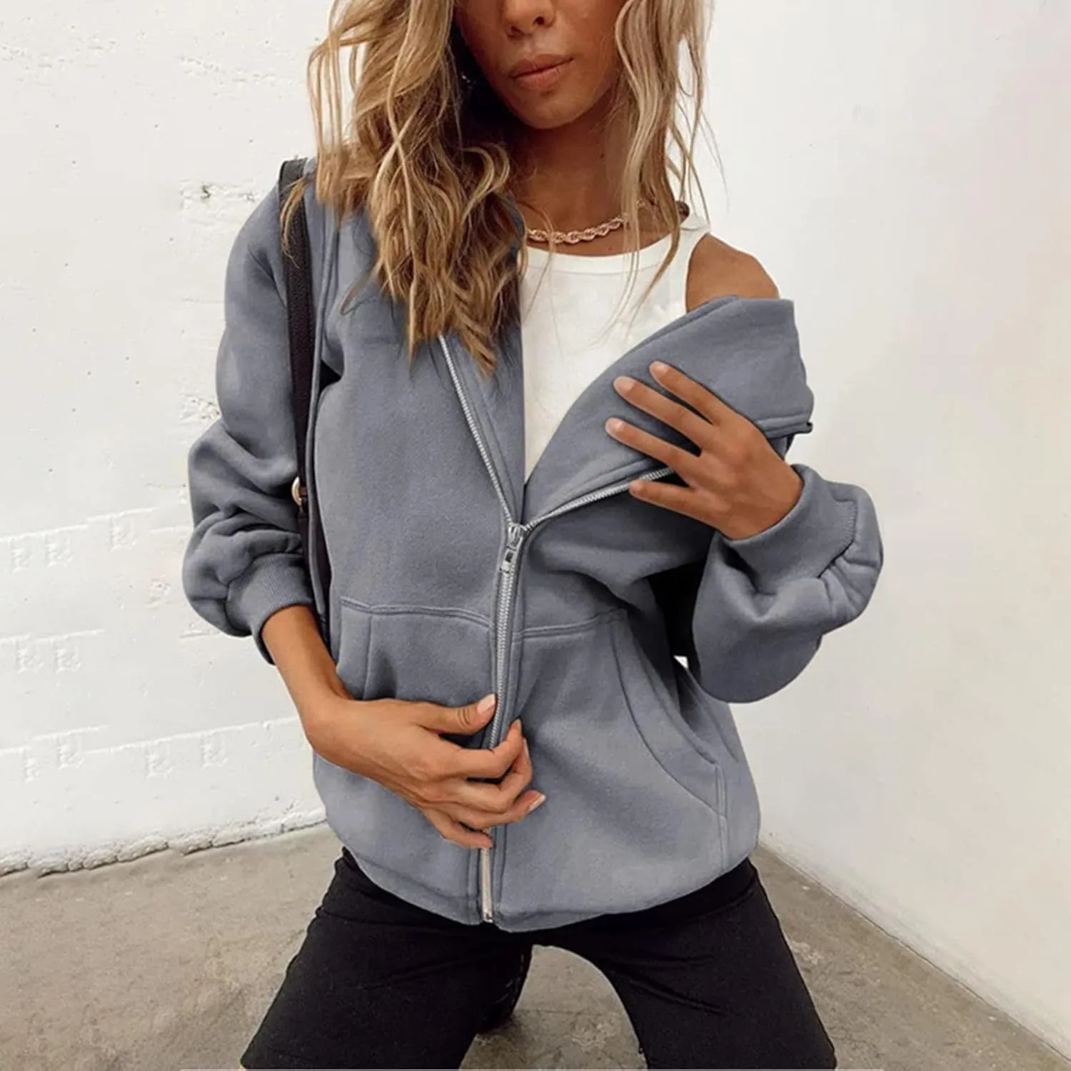 Zip Up Hoodie Women Y2K Long Sleeve Oversized Sweatshirts Lightweight Fleece Jacket Cute 2024 Fall Fashion Clothes