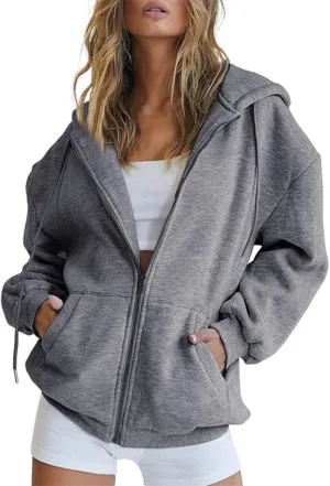 Zip Up Hoodie Women Y2K Long Sleeve Oversized Sweatshirts Lightweight Fleece Jacket Cute 2024 Fall Fashion Clothes