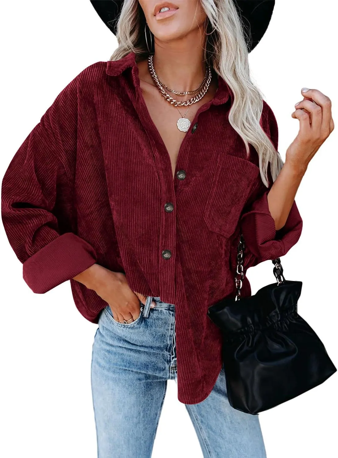 ZOLUCKY Womens Shackets Jacket Plus Size Long Sleeve Button Down Shirts Blouses Tops