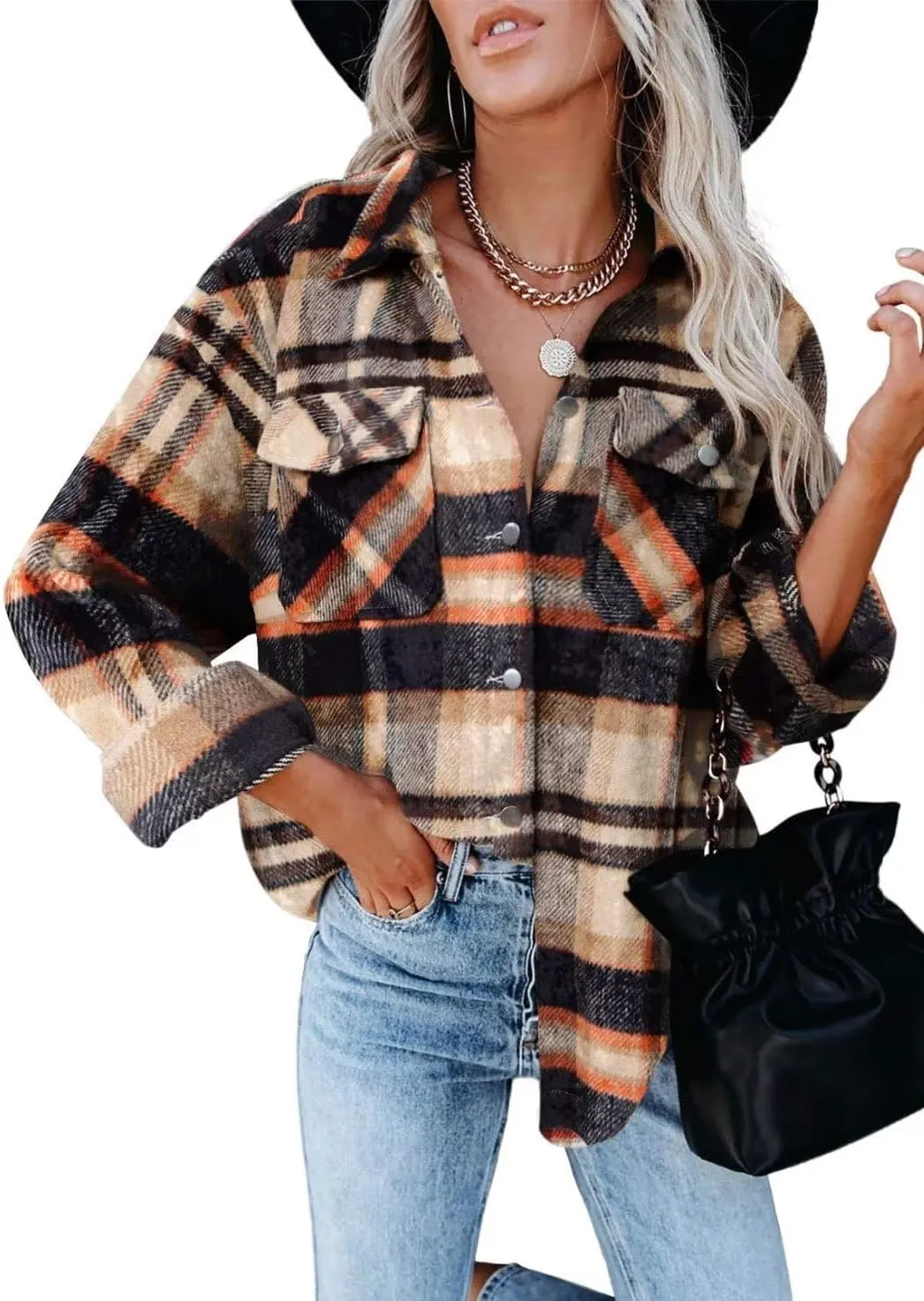 ZOLUCKY Womens Shackets Jacket Plus Size Long Sleeve Button Down Shirts Blouses Tops