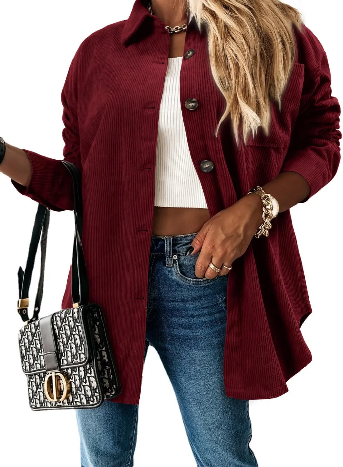 ZOLUCKY Womens Shackets Jacket Plus Size Long Sleeve Button Down Shirts Blouses Tops