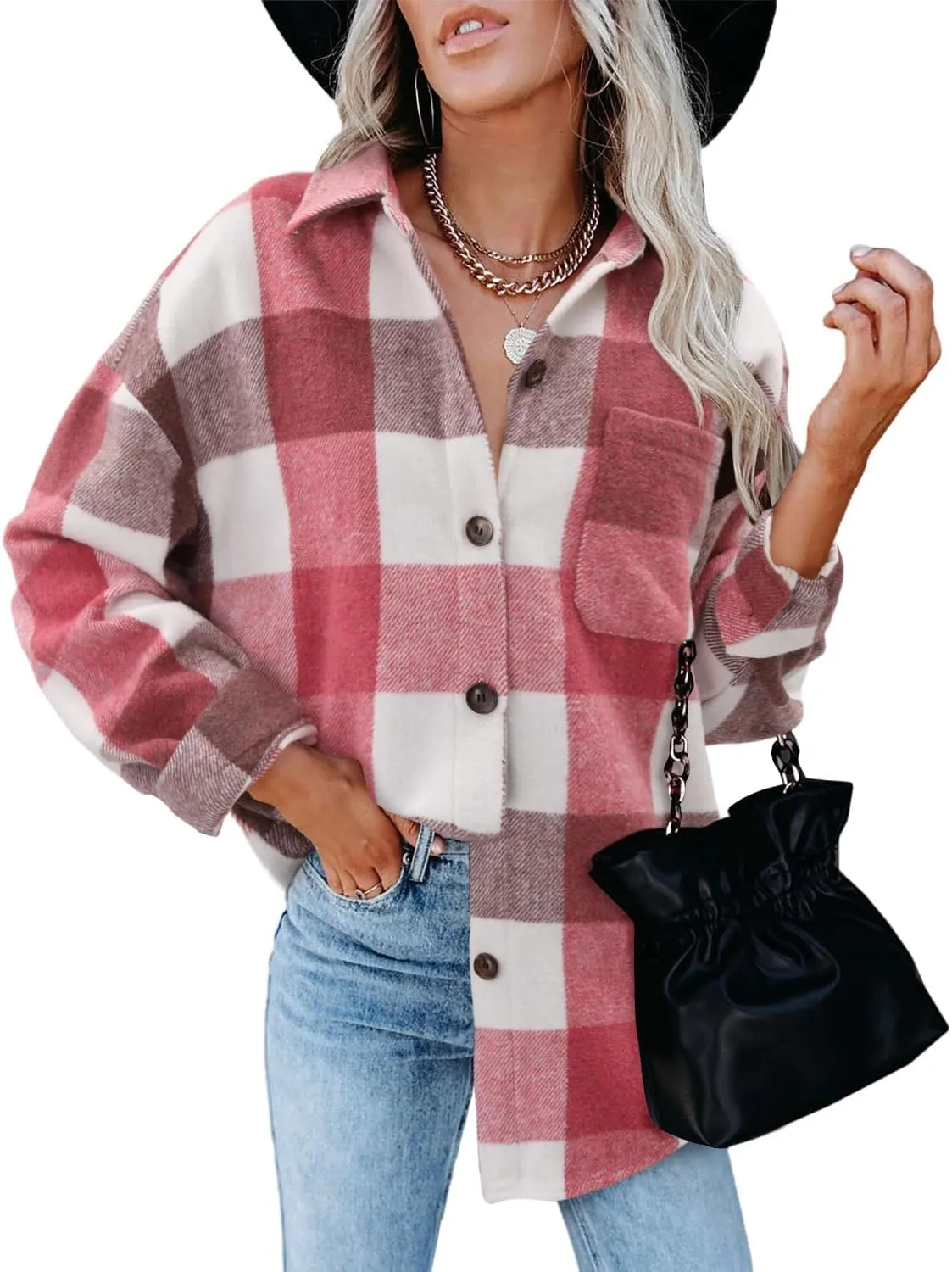 ZOLUCKY Womens Shackets Jacket Plus Size Long Sleeve Button Down Shirts Blouses Tops