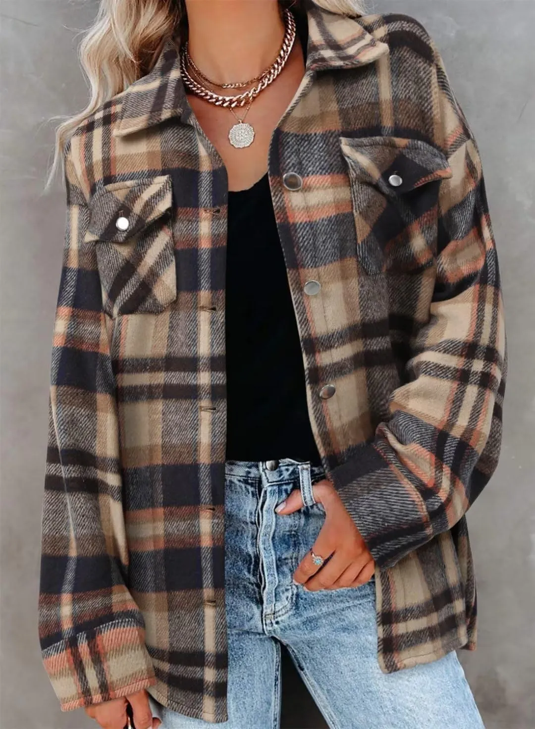 ZOLUCKY Womens Shackets Jacket Plus Size Long Sleeve Button Down Shirts Blouses Tops