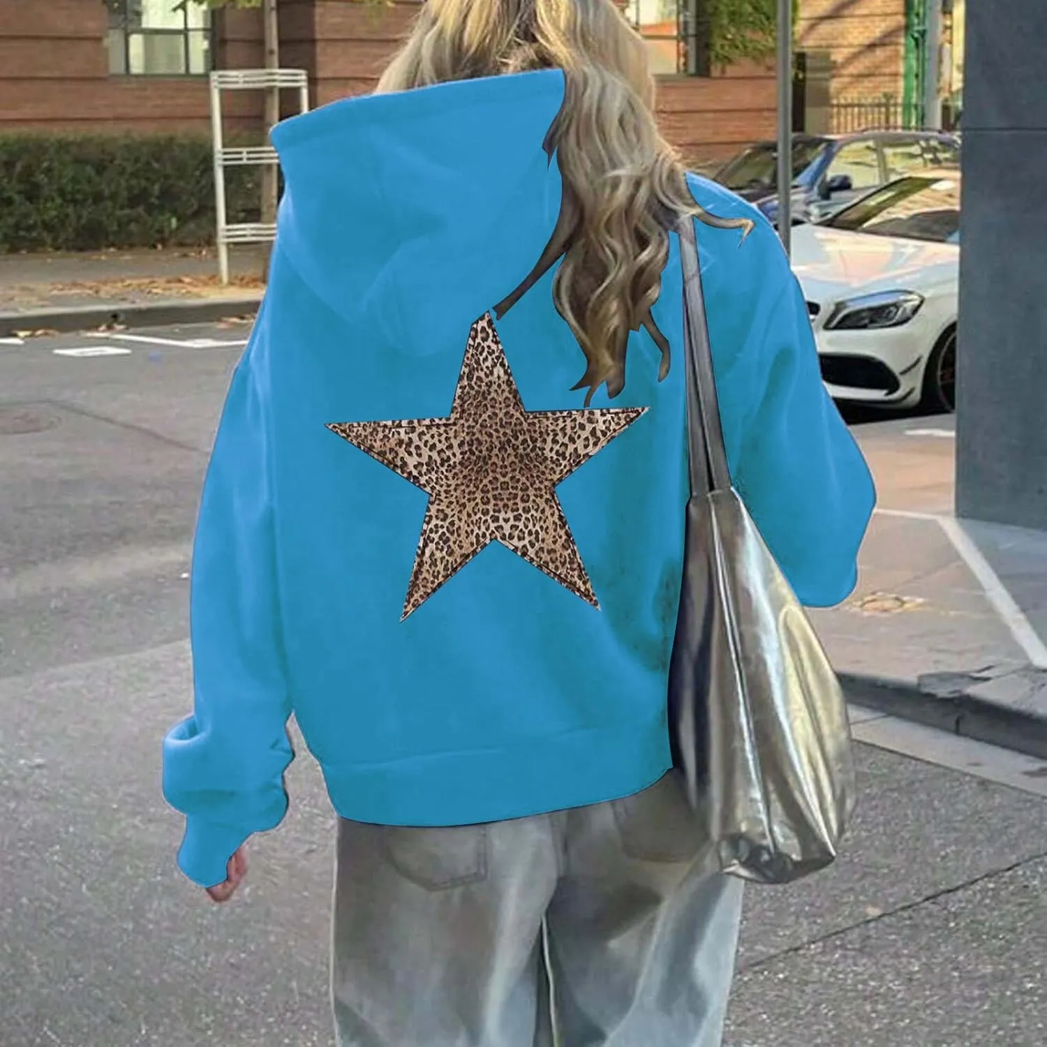 ZWRXW Oversized Graphic Hoodie Sweatshirt for Women Leopard Star Long Sleeve Pullover Sweater Fashion Y2K Outfits Tops