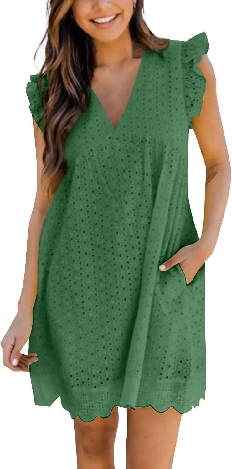 ZYXTIM Summer Dresses for Women 2024 Ruffle Sleeve V-Neck Zipper Back Hollow Out Loose A-Line Cocktail Beach Party Sundress
