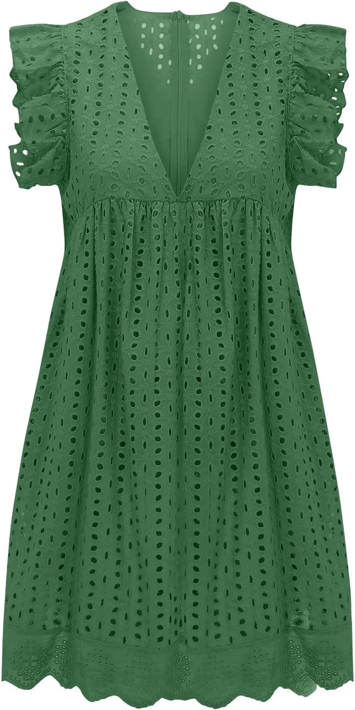 ZYXTIM Summer Dresses for Women 2024 Ruffle Sleeve V-Neck Zipper Back Hollow Out Loose A-Line Cocktail Beach Party Sundress