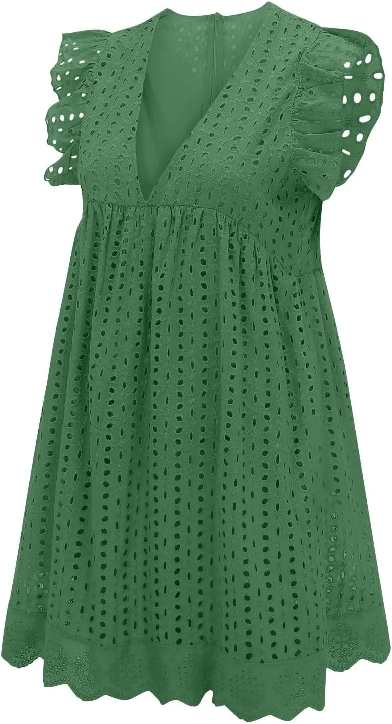 ZYXTIM Summer Dresses for Women 2024 Ruffle Sleeve V-Neck Zipper Back Hollow Out Loose A-Line Cocktail Beach Party Sundress