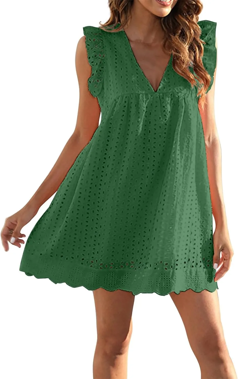 ZYXTIM Summer Dresses for Women 2024 Ruffle Sleeve V-Neck Zipper Back Hollow Out Loose A-Line Cocktail Beach Party Sundress