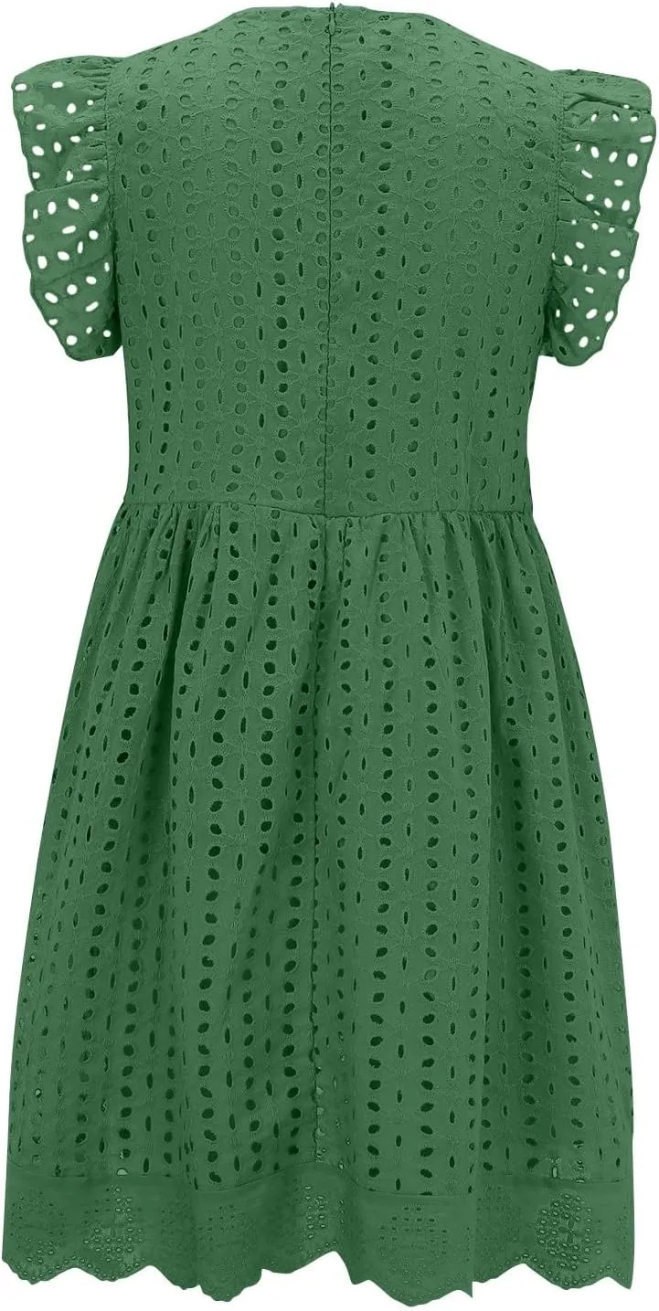 ZYXTIM Summer Dresses for Women 2024 Ruffle Sleeve V-Neck Zipper Back Hollow Out Loose A-Line Cocktail Beach Party Sundress